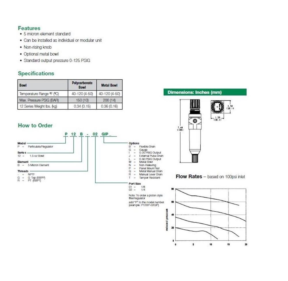 P12B-01GP NUMATICS/AVENTICS PARTICULATE FILTER/REGULATOR<BR>12 SERIES 1/8" NPT, 5MIC, 0-125PSI, PN, GAUGE