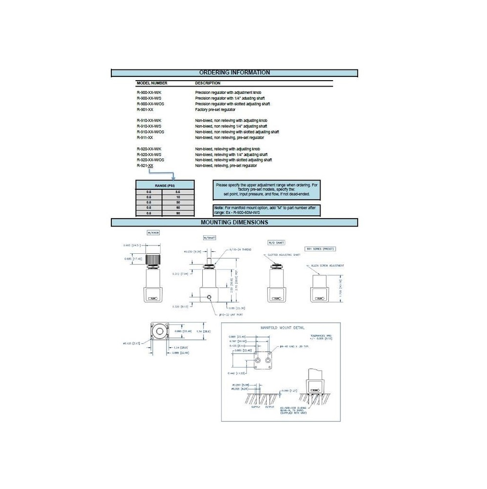 R-900-90-MM-W/OS AIRTROL PRECISION REGULATOR<BR>MANIFOLD MOUNT 0-90 PSI W/ SCREWDRIVER ADJ.