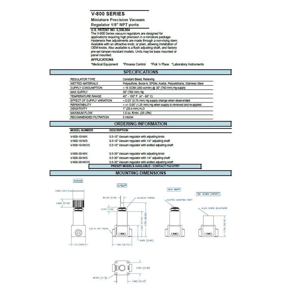 V-800-30-W/K AIRTROL PRECISION VACUUM REGULATOR<BR>0-30" HG W/KNOB