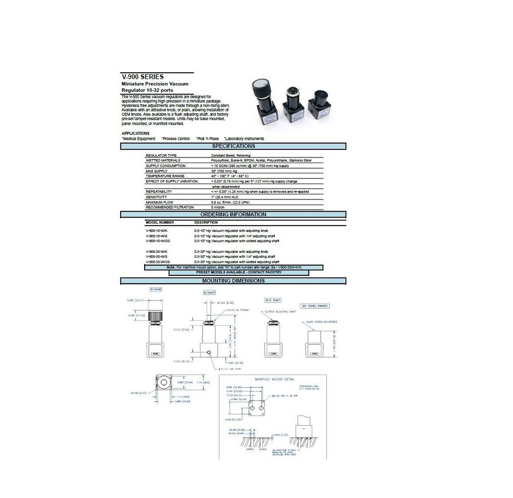 V-910-30-MM-W/OS AIRTROL PRECISION VACUUM REGULATOR<BR>0-30" HG ADJ. SHAFT