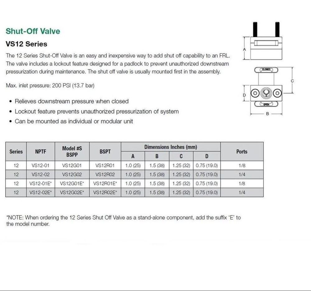 VS12-02 NUMATICS/AVENTICS SHUT-OFF VALVE<BR>12 SERIES 1/4" NPT