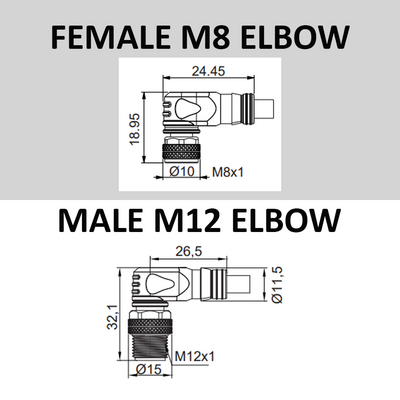 CBO8.4-5.22-CB12.4/P ELCO DOUBLE ENDED PATCH CABLE 4 PIN M8 X M12 F/M ELBOW 5M PUR BLACK 24 AWG