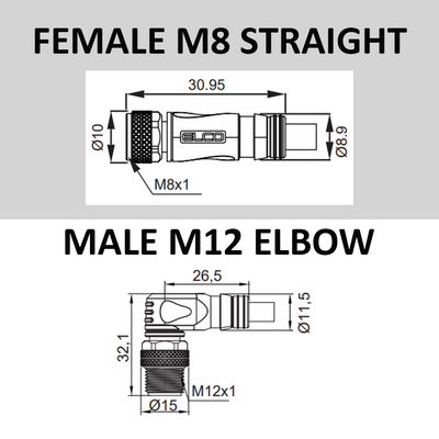 CO8.3-2.23-CB12.3/P ELCO DOUBLE ENDED PATCH CABLE 3 PIN M8 X M12 F/M STR/ELB 2M PUR YELLOW 24 AWG