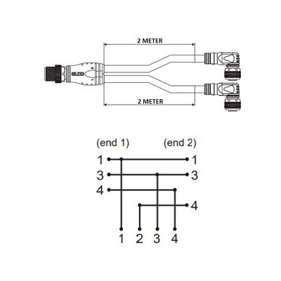 ECS-2CBO12.4-2.33/2.33/P ELCO Y-SPLITTER STRAIGHT M12 MALE 4 PINS X (2) ELBOW M12 FEMALE 4 PINS, 2 METER YELLOW PUR, 22 AWG
