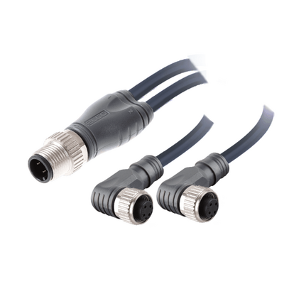 ECS-2CBO12.4-5.32/5.32/P ELCO Y-SPLITTER STRAIGHT M12 MALE 4 PINS X (2) ELBOW M12 FEMALE 4 PINS, 5 METER BLACK PUR, 22 AWG