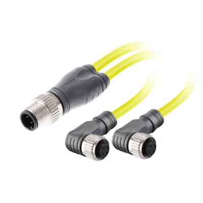 ECS-2CBO12.4-5.33/5.33/P ELCO Y-SPLITTER STRAIGHT M12 MALE 4 PINS X (2) ELBOW M12 FEMALE 4 PINS, 5 METER YELLOW PUR, 22 AWG