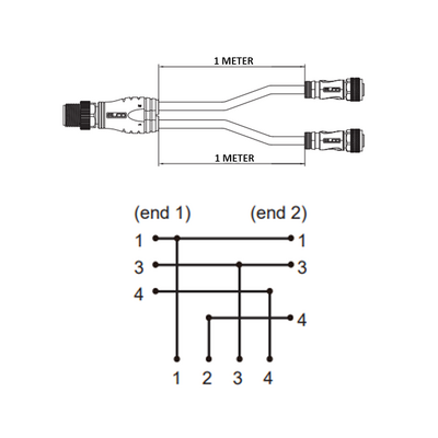 ECS-2CO12.4-1.33/1.33/P ELCO Y-SPLITTER STRAIGHT M12 MALE 4 PINS X (2) STRAIGHT M12 FEMALE 4 PINS, 1 METER YELLOW PUR, 22 AWG