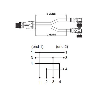 ECS-2CBO8.3-2.23/2.23/P ELCO Y-SPLITTER STRAIGHT M12 MALE 4 PINS X (2) ELBOW M8 FEMALE 3 PINS, 2 METER YELLOW PUR, 24 AWG