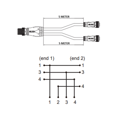 ECS-2CO8.3-5.23/5.23/P ELCO Y-SPLITTER STRAIGHT M12 MALE 4 PINS X (2) STRAIGHT M8 FEMALE 3 PINS, 5 METER YELLOW PUR, 24 AWG