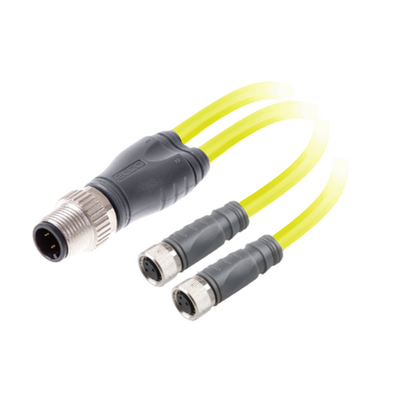 ECS-2CO8.3-5.23/5.23/P ELCO Y-SPLITTER STRAIGHT M12 MALE 4 PINS X (2) STRAIGHT M8 FEMALE 3 PINS, 5 METER YELLOW PUR, 24 AWG