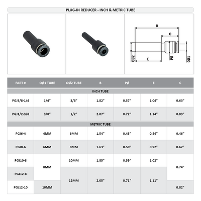 PGJ10-8 FLOFLEX FLOFLEX COMPOSITE PUSH-IN PNEUMATIC FITTING, 10MM TUBE STEM X 8 MM TUBE PLUG-IN REDUCER