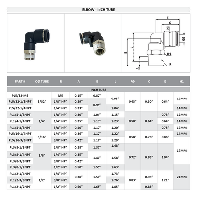 PL1/2-3/8NPT FLOFLEX FLOFLEX COMPOSITE PUSH-IN PNEUMATIC FITTING, 1/2" TUBE X 3/8" NPT MALE 90 DEGREE REDUCING ELBOW