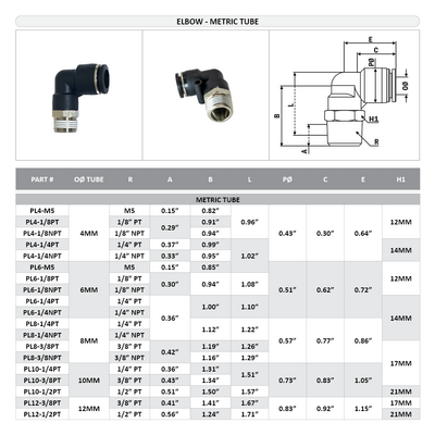 PL10-1/4PT FLOFLEX FLOFLEX COMPOSITE PUSH-IN PNEUMATIC FITTING, 10MM TUBE X 1/4" BSPT MALE 90 DEGREE REDUCING ELBOW