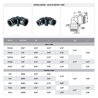 PV4 FLOFLEX FLOFLEX COMPOSITE PUSH-IN PNEUMATIC FITTING, 4MM TUBE UNION 90 DEGREE ELBOW