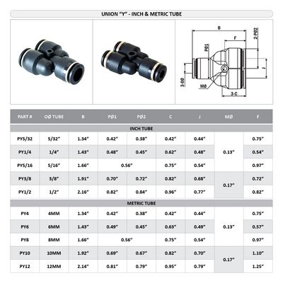 PY8 FLOFLEX FLOFLEX COMPOSITE PUSH-IN PNEUMATIC FITTING, 8MM TUBE UNION "Y"