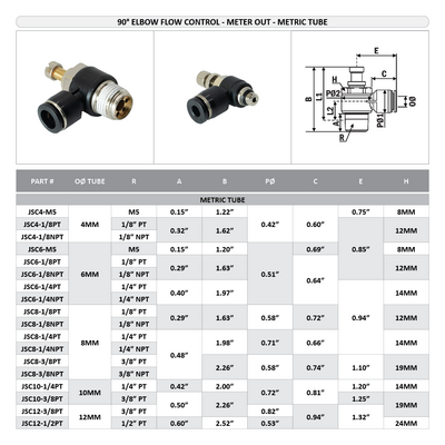JSC12-1/2PT FLOFLEX FLOFLEX COMPOSITE FLOW CONTROL, 12MM TUBE X 1/2" BSPT MALE REDUCER METER OUT - KNOB ADJUSTMENT