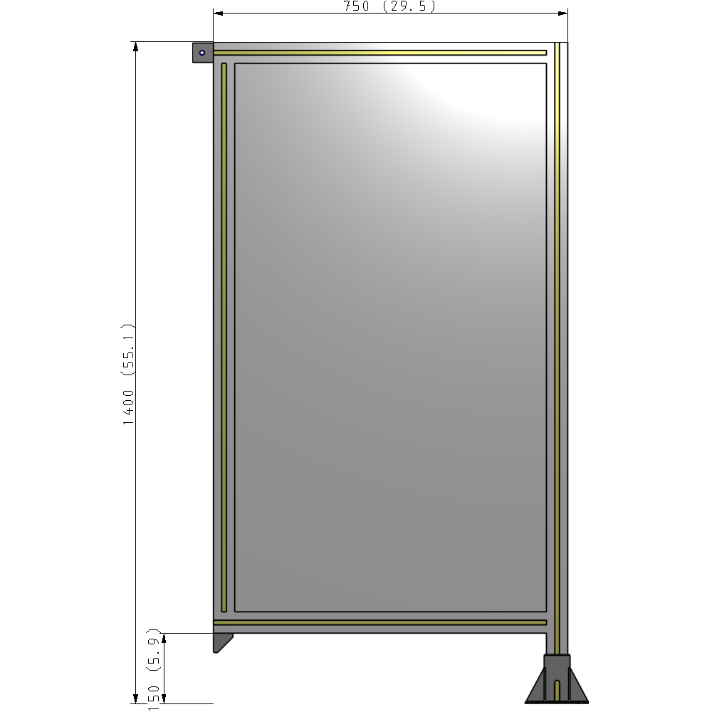 A2-1400-0750-0150-TYPFA SINGLE PANEL-LEG ON RIGHT WITH TIE PLATES AND ANGLE 1400MM X 750MM  1/4" POLYCARBONATE, ASSEMBLED