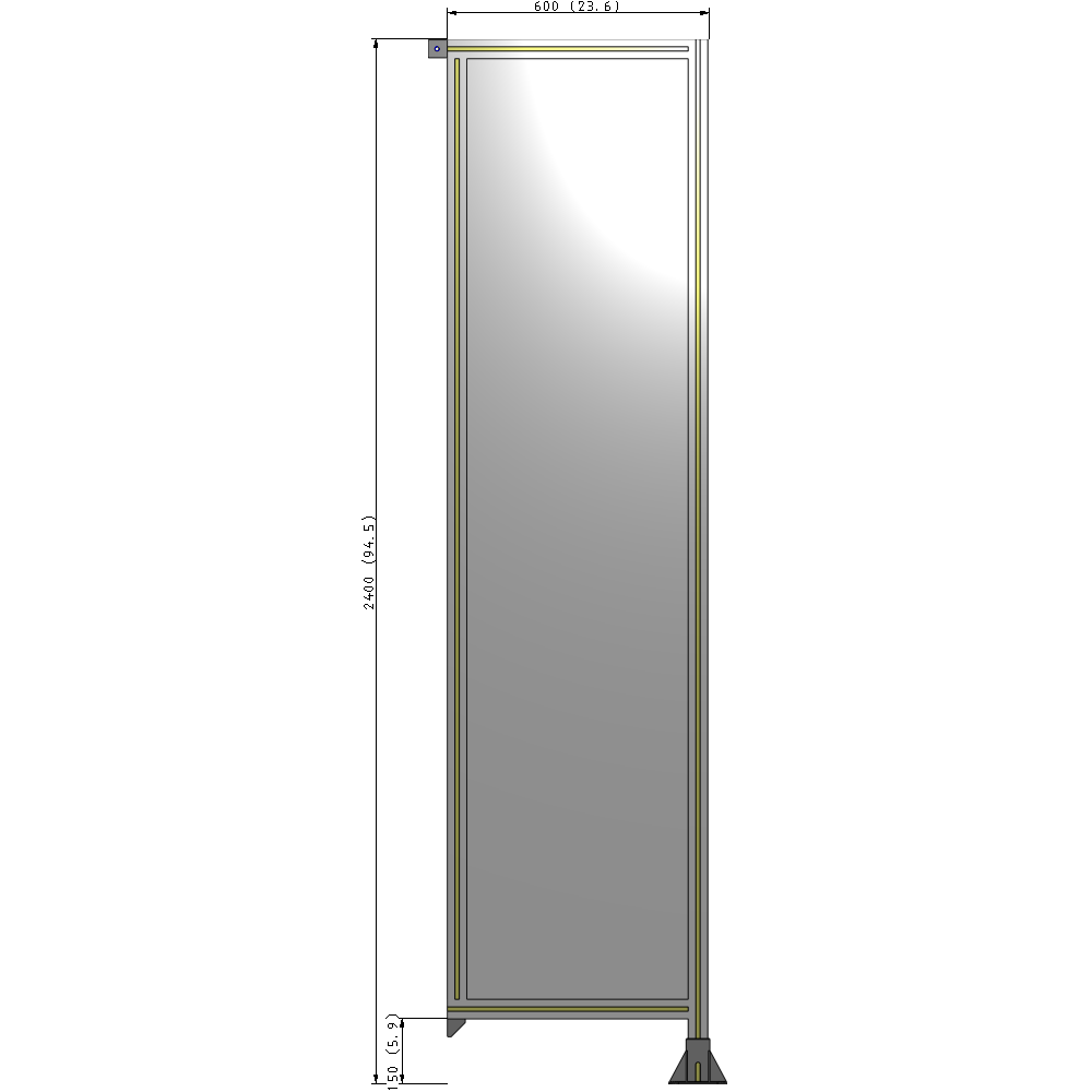 A2-2400-0600-0150-TYPFA SINGLE PANEL-LEG ON RIGHT WITH TIE PLATES AND ANGLE 2400MM X 600MM 1/4" POLYCARBONATE, ASSEMBLED