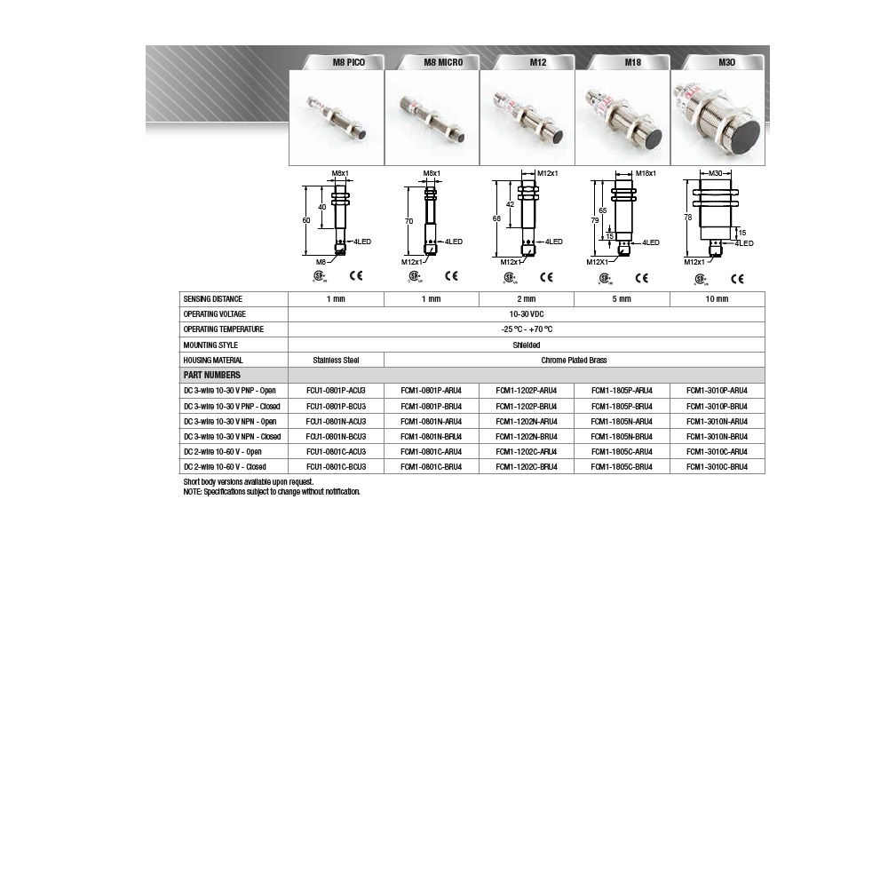 FCM1-0801P-ARU4 HTM ROUND INDUCTIVE SENSOR<BR>1MM RANGE 8MM BODY BRASS NO PNP SHIELDED 4 PIN M12