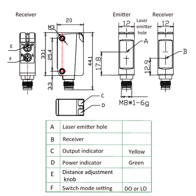 OS10S-SL6Q8 ELCO PHOTOELECT SENSOR, OS10S-SERIES, OPPOSED, EMITTER, LASER BEAM, OR:30 M, 10TO30VDC, -20TO60 DEG C, M8 4-PIN