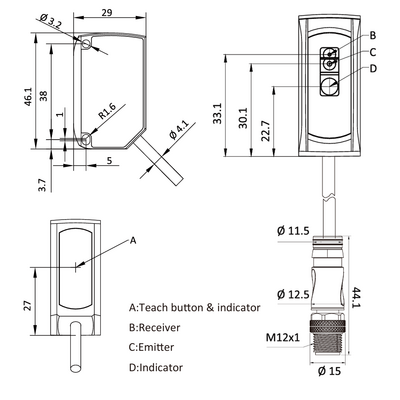 OSM42-K4000C2B6 ELCO DISTANCE SENSOR(TOF), OSM42-SERIES, INFARED LASER + LASER INDICATION, OR:50-4000MM, RES: 5MM, 2 X PUSH-PULL, TEACH BUTTON, 10-30VDC,  2 M CABLE