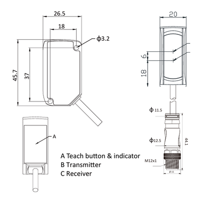 OSM42-KL1500C2B6 ELCO DISTANCE SENSOR(TRI), OSM42-SERIES, RED LASER, OR:150-1500MM, RES: 1MM, 2 X PUSH-PULL, TEACH BUTTON, 10-30VDC,  2 M CABLE