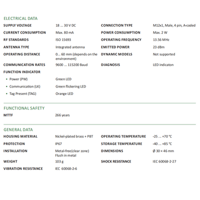 RF30-WR-MF30H ELCO RFID RF30-SERIES, 13.56MHZ, ISO15693, RS-485, MODBUS RTU, 30X46MM, NICKEL-PLATED BRASS+PBT,-25 TO 70 DEG C, M12X1-MALE, NON-FLUSH, OP DIST 0-60MM