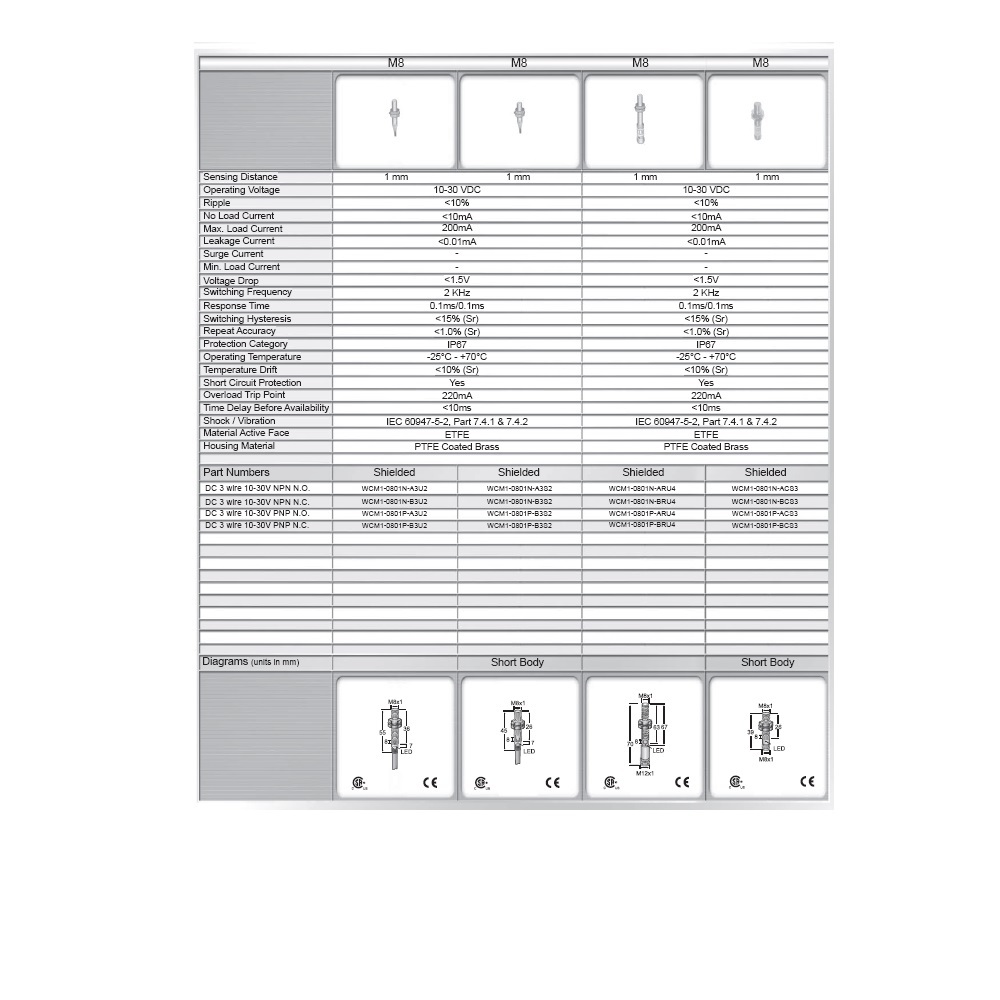 WCM1-0801P-ARU4 HTM ROUND WELD FIELD IMMUNE SENSOR<BR>1MM RANGE 8MM BODY BRASS NO PNP SHIELDED 4 PIN M12