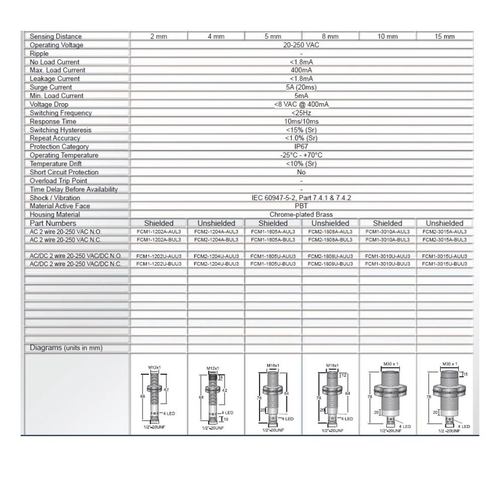 FCM2-1204A-AUL3 HTM INDUCTIVE SENSOR<BR>4MM RANGE 12MM BODY BRASS NO 20-250VAC 3 PIN M12