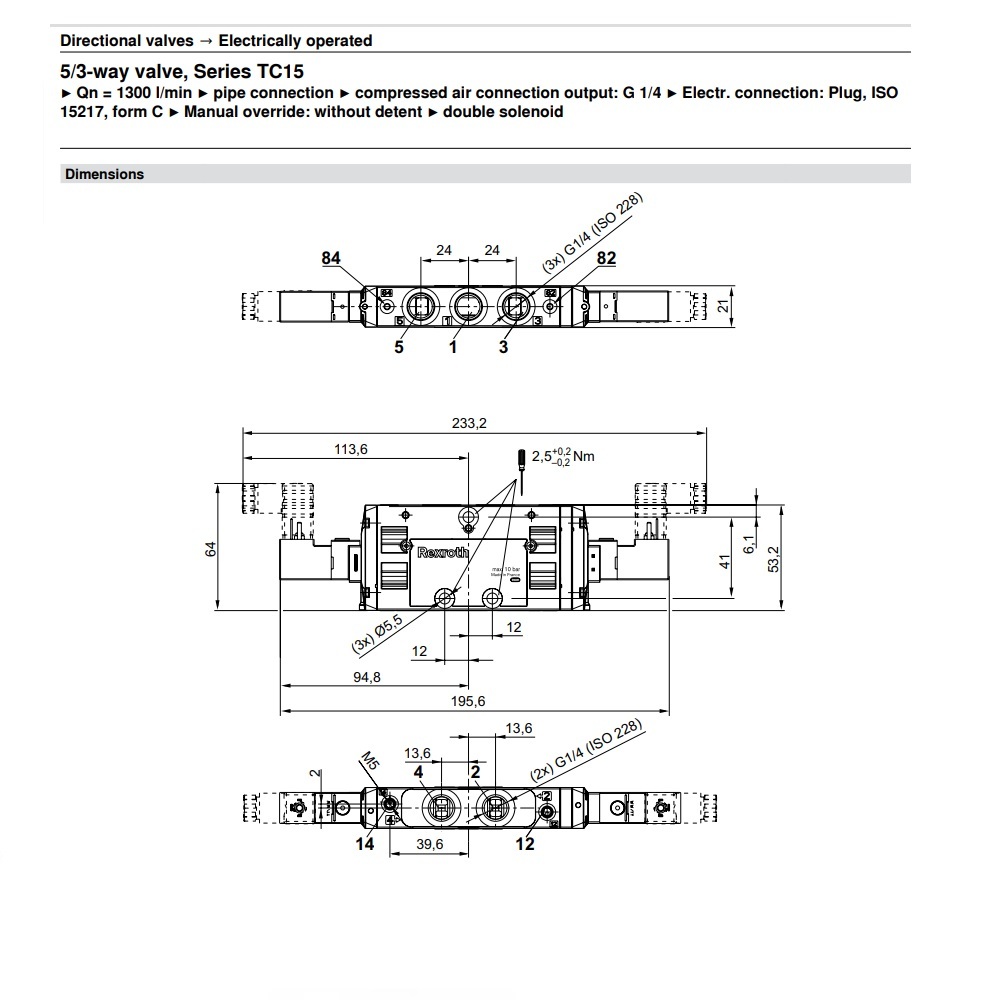 0820059101 NUMATICS/AVENTICS SOL-PILOT VALVE<BR>TC15 SERIES 5/3 CLOSED CTR 24VDC 1/4" G, FL NON LK O'RIDE