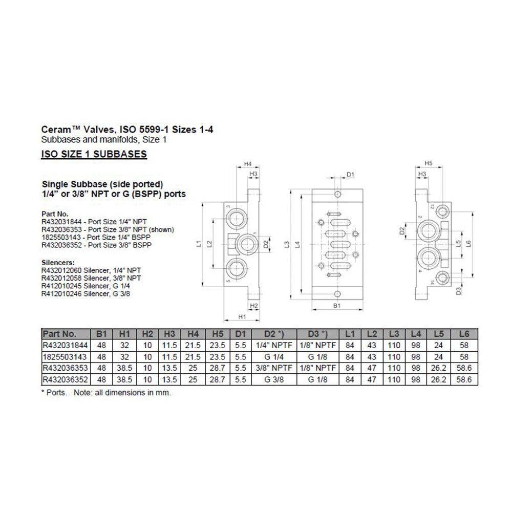 R432036353 NUMATICS/AVENTICS VALVE BASE<BR>ISO1 5599/1 SERIES 3/8" NPT SIDE PORTS