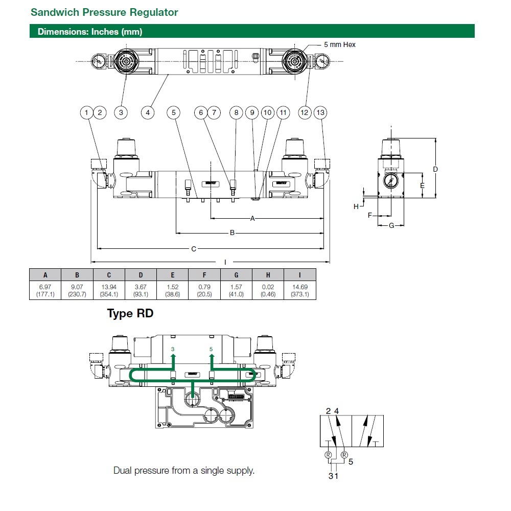 353RD100J000000 NUMATICS/AVENTICS SANDWICH REGULATOR<BR>2035 SERIES DUAL PR 10-130PSI