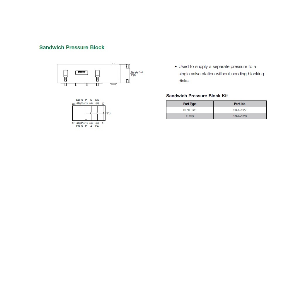 239-2227 NUMATICS/AVENTICS MANIFOLD PART<BR>2035 SERIES SANDWICH PRESSURE BLOCK 3/8" NPT