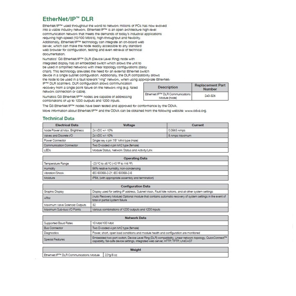 240-325 NUMATICS/AVENTICS MANIFOLD PART<BR>G3 ETHERNET/IP DLR NODE