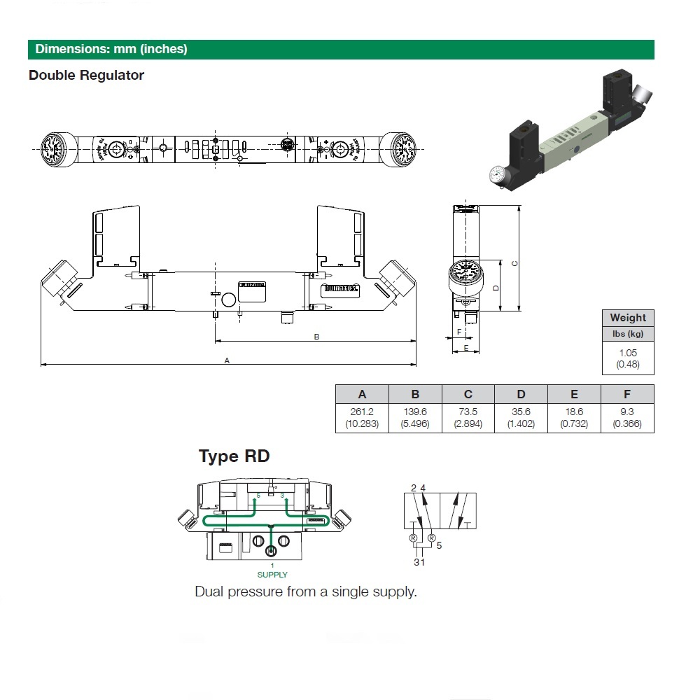 R502ARD11JA0010 NUMATICS/AVENTICS SANDWICH REGULATOR<BR>502 SERIES DUAL PR 10-130PSI (PTY)