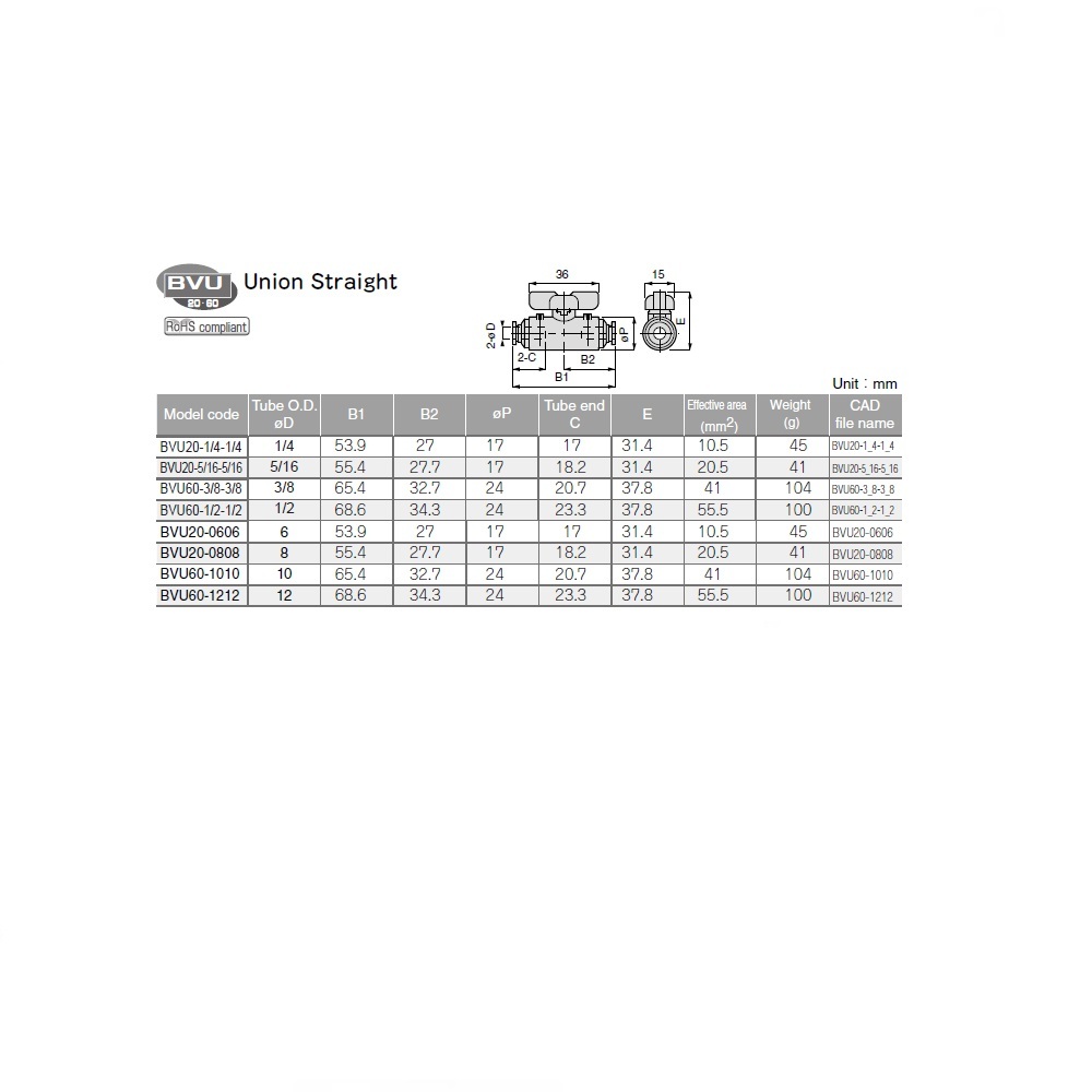 BVU20-0808 PISCO NP BRASS BALL VALVE<BR>8MM TUBE UNION, T HANDLE