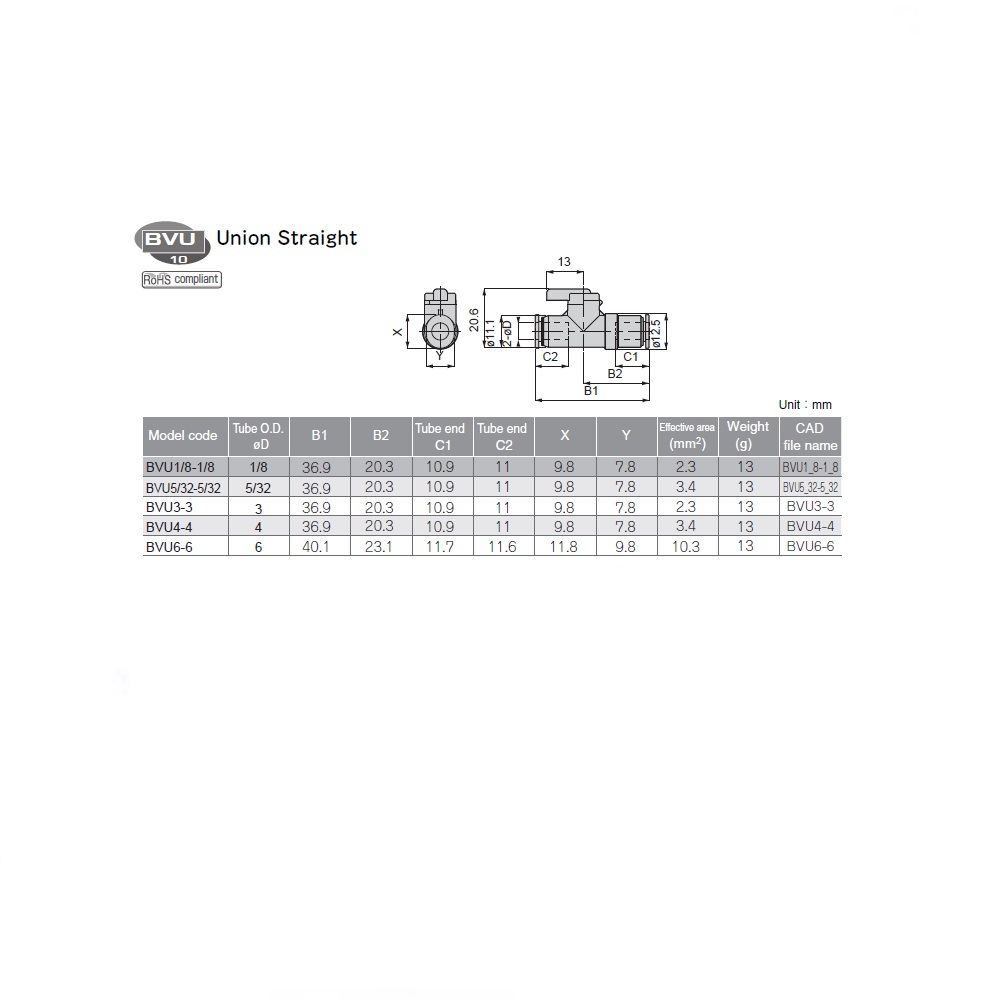 BVU6-6 PISCO NP BRASS BALL VALVE<BR>6MM TUBE UNION ,T HANDLE