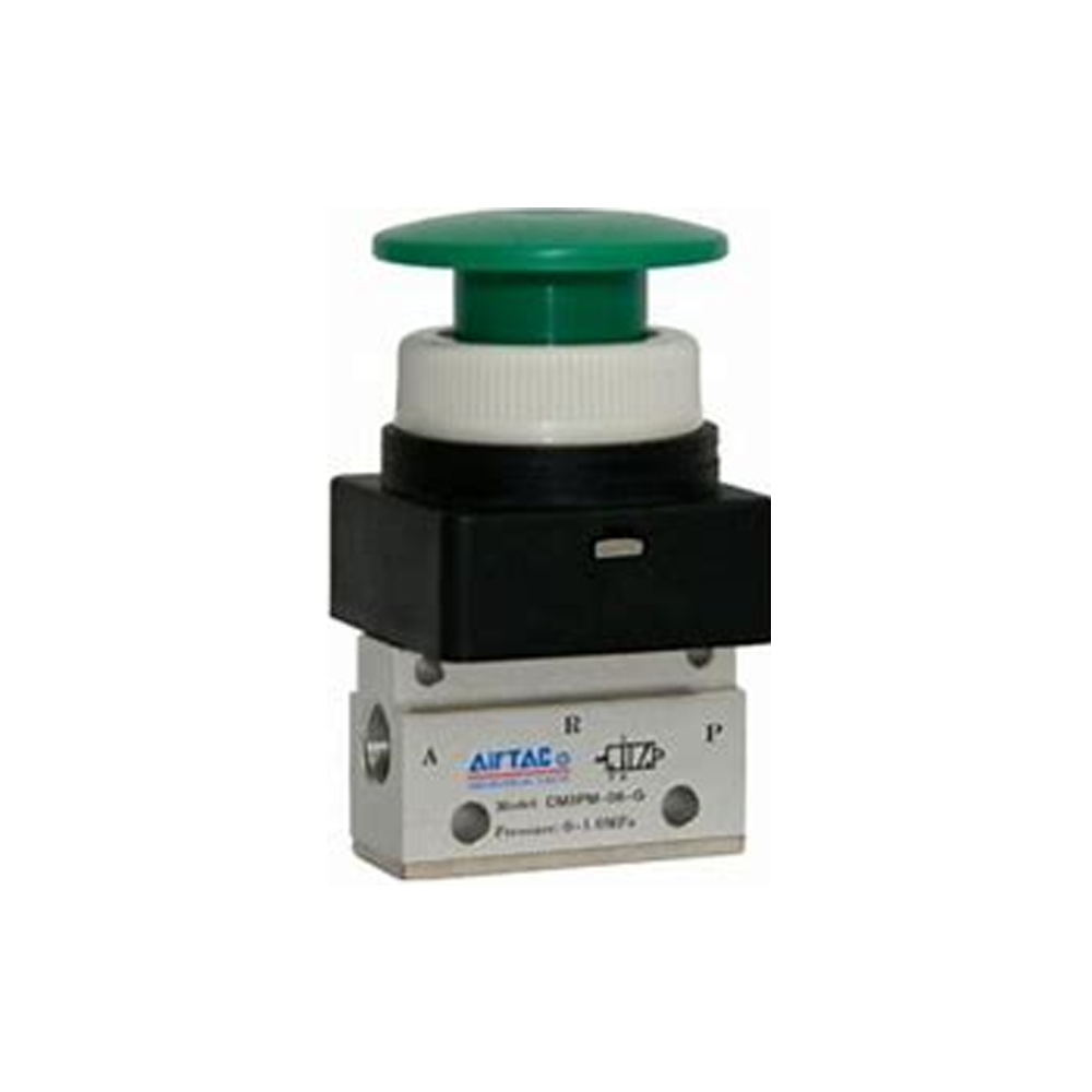 CM3PMX05Y AIRTAC MANUAL VALVES, CM3 SERIES MUSHROOM TYPE<BR>COMPACT 3 WAY 2 POSITION N.C, M5 PORTS YELLOW BUTTON