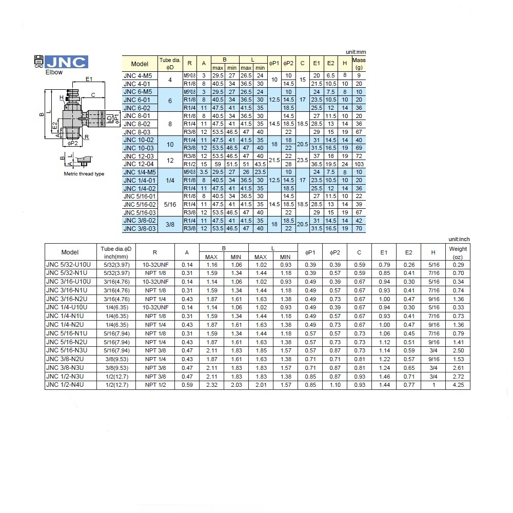 JNC6-M5 PISCO NEEDLE VALVE<BR>6MM TUBE X M5 MALE ELBOW