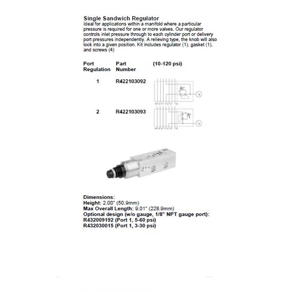 R422103092 NUMATICS/AVENTICS SANDWICH REGULATOR<BR>ISO2 5599/1 SERIES SGL PR 10-120PSI