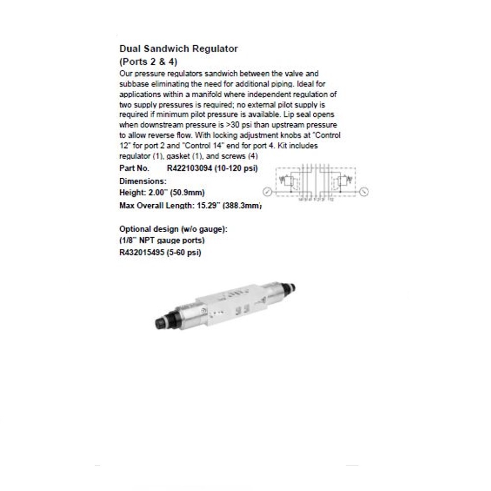 R422103094 NUMATICS/AVENTICS SANDWICH REGULATOR<BR>ISO2 5599/1 SERIES DBL PR 10-120PSI