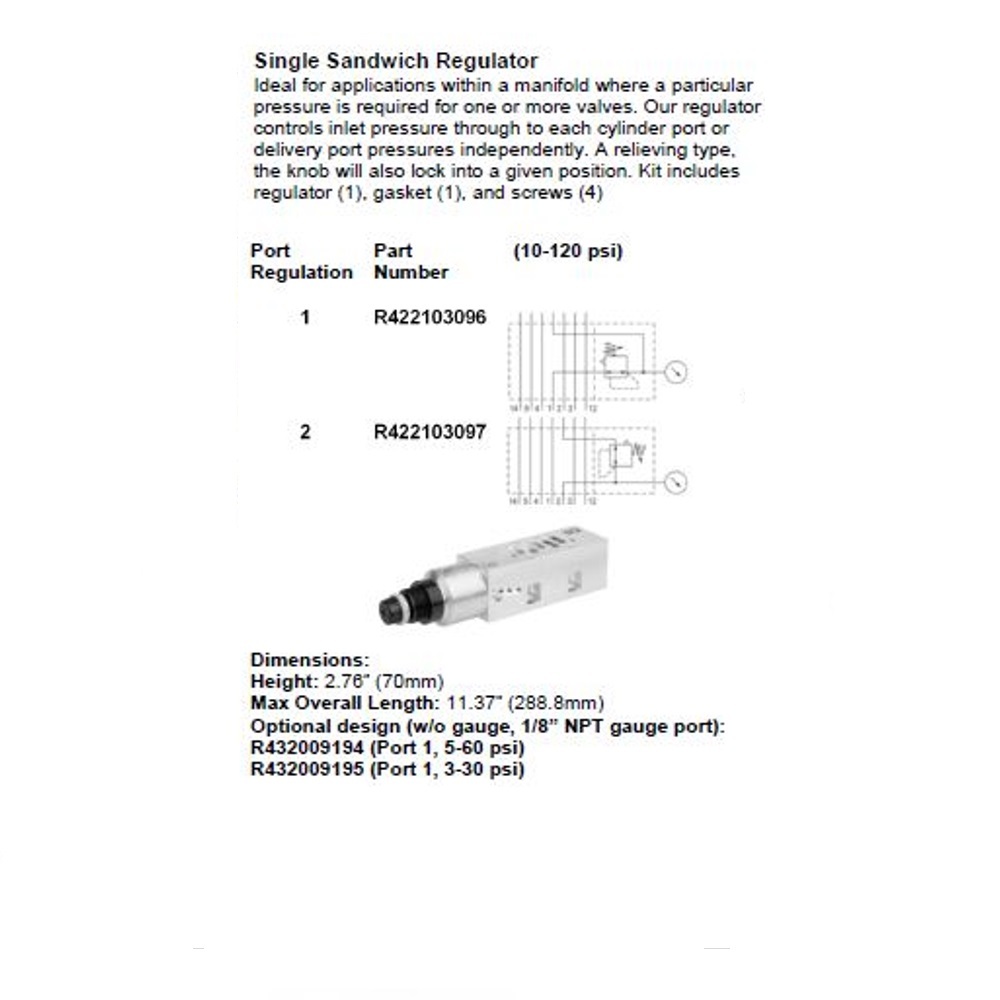 R422103096 NUMATICS/AVENTICS SANDWICH REGULATOR<BR>ISO3 5599/1 SERIES SGL PR 10-120PSI