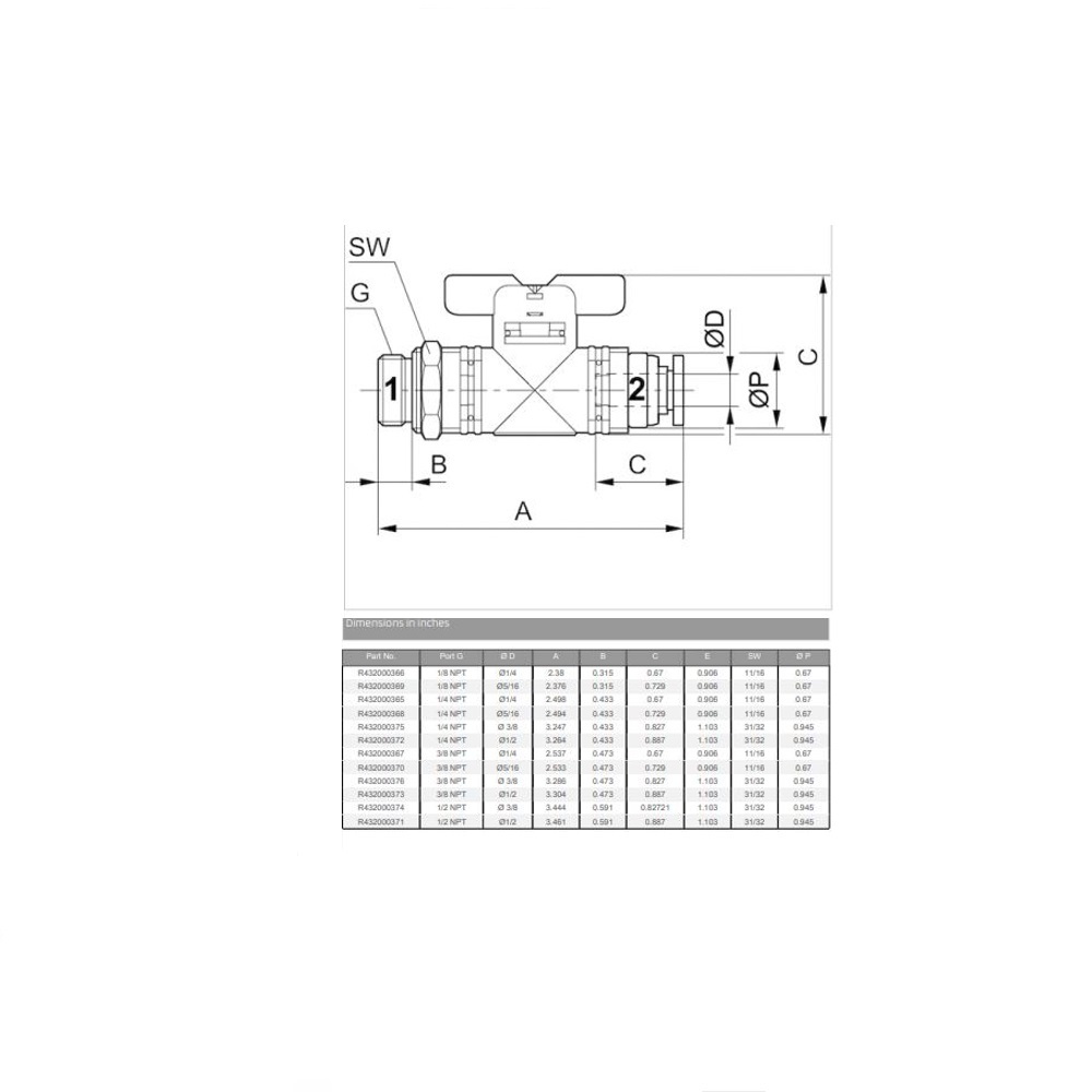 R432000370 NUMATICS/AVENTICS PLASTIC PUSH-IN BALL VALVE<BR>5/16" TUBE X 3/8" NPT MALE, T HANDLE, 145PSI (OVAL)