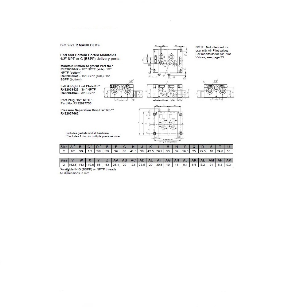 R432037642 NUMATICS/AVENTICS MANIFOLD BLOCK<BR>ISO2 5599/1 SERIES 1/2" NPT S/B PORTS