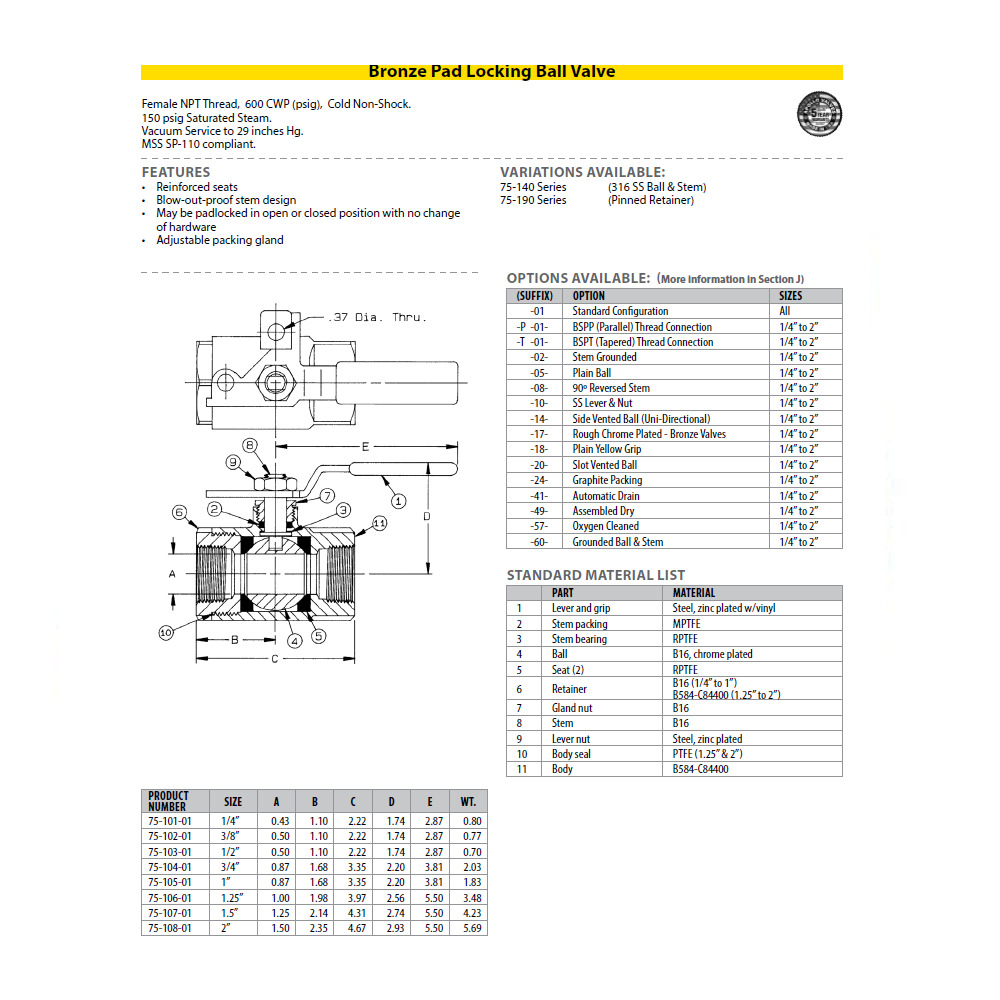 75-108-01 APOLLO BRONZE BALL VALVE<BR>2" NPT FEMALE, PAD LOCK LEVER HANDLE, 600PSI