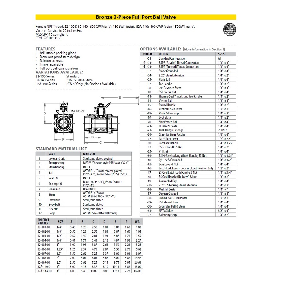 82-106-19 APOLLO BRONZE BALL VALVE<BR>1 1/4" NPT FEMALE, FULL PORT, PAD LOCK LEVER HANDLE