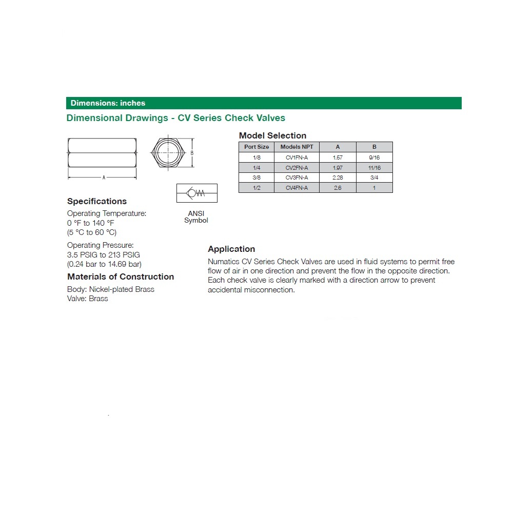 CV2FN-A NUMATICS/AVENTICS NP BRASS INLINE CHECK VALVE<BR>1/4" NPT FEMALE, 213PSI