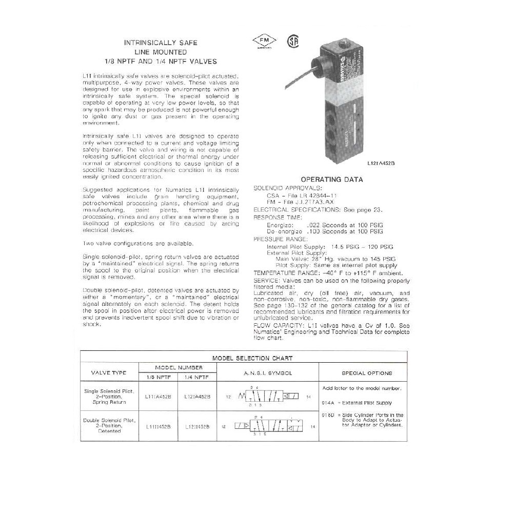 L22XA452B000061 NUMATICS/AVENTICS SOL-PILOT HAZARDOUS VALVE<BR>L2 SERIES 4/2 SPR RTN 24VDC, HW, 1/4" NPT