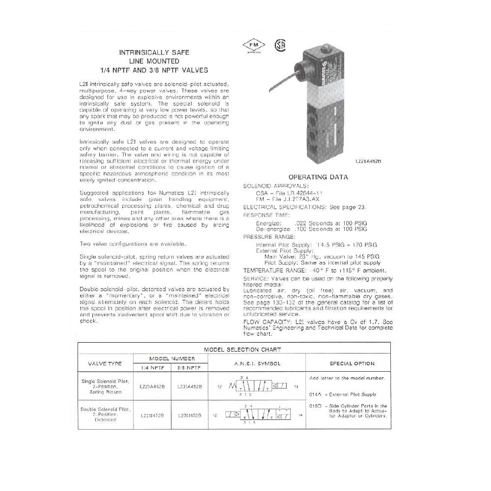 L23II552BP00061 NUMATICS/AVENTICS SOL-PILOT INSTRINSICLY SAFE VALVE<BR>L2 SERIES 4/3 OPEN CTR 24VDC, HW, 3/8" NPT