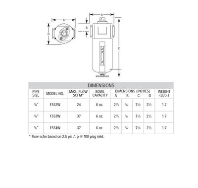 F552 ARROW COALESCING FILTER<BR>1/4" NPT, .03MIC, 250PSI, MB